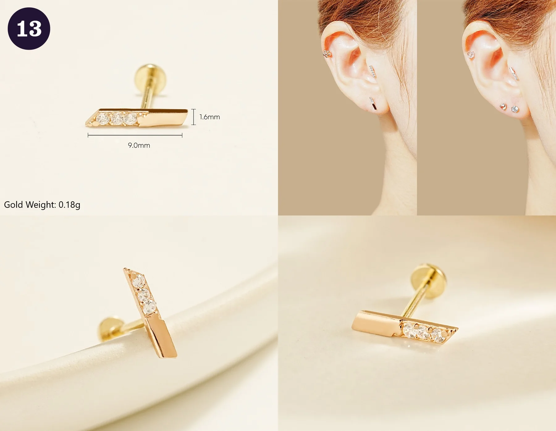 14K Gold Wishes Internally Threaded Labret Piercing 20G - Image 15