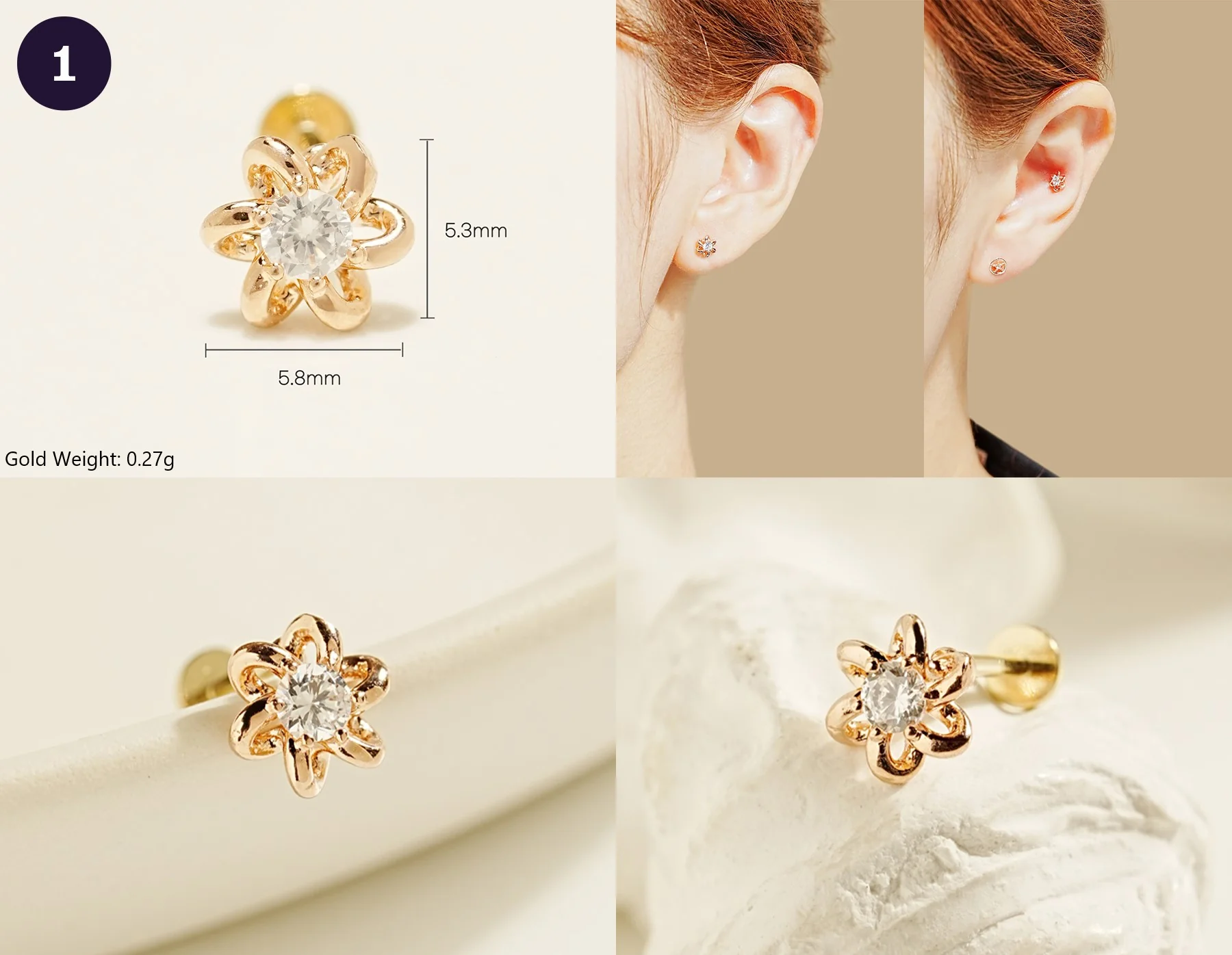 14K Gold Wishes Internally Threaded Labret Piercing 20G - Image 3