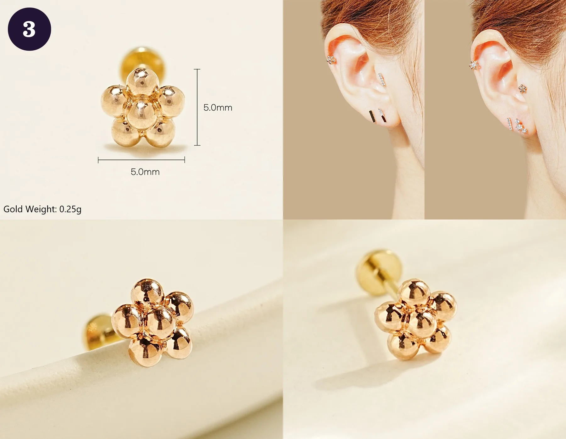 14K Gold Wishes Internally Threaded Labret Piercing 20G - Image 5
