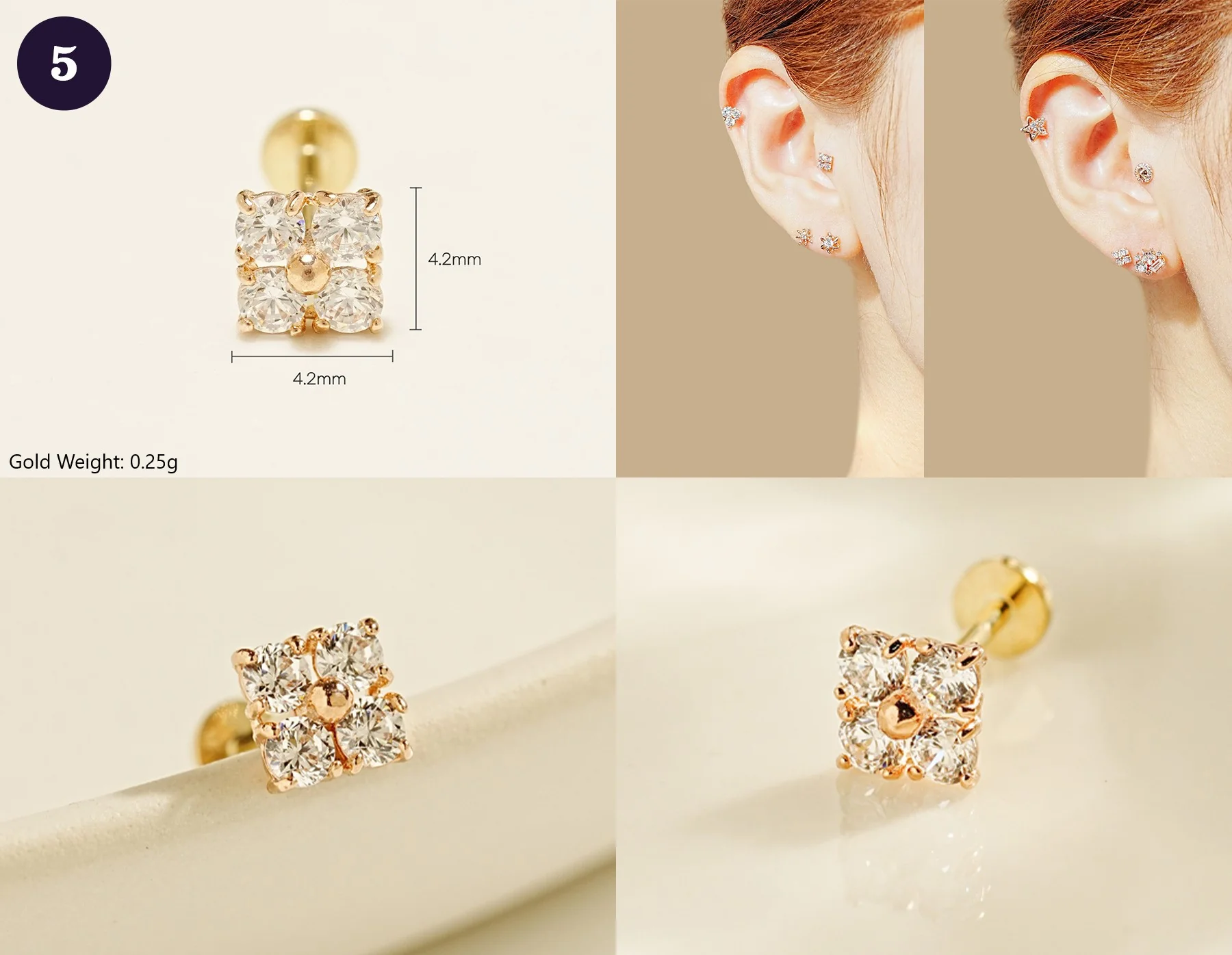 14K Gold Wishes Internally Threaded Labret Piercing 20G - Image 7