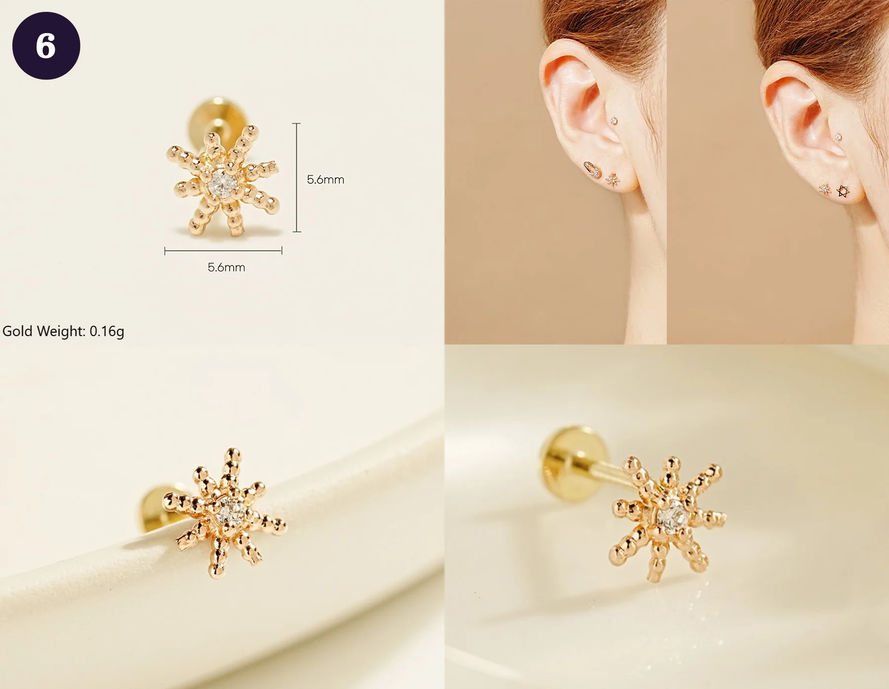 14K Gold Wishes Internally Threaded Labret Piercing 20G - Image 8