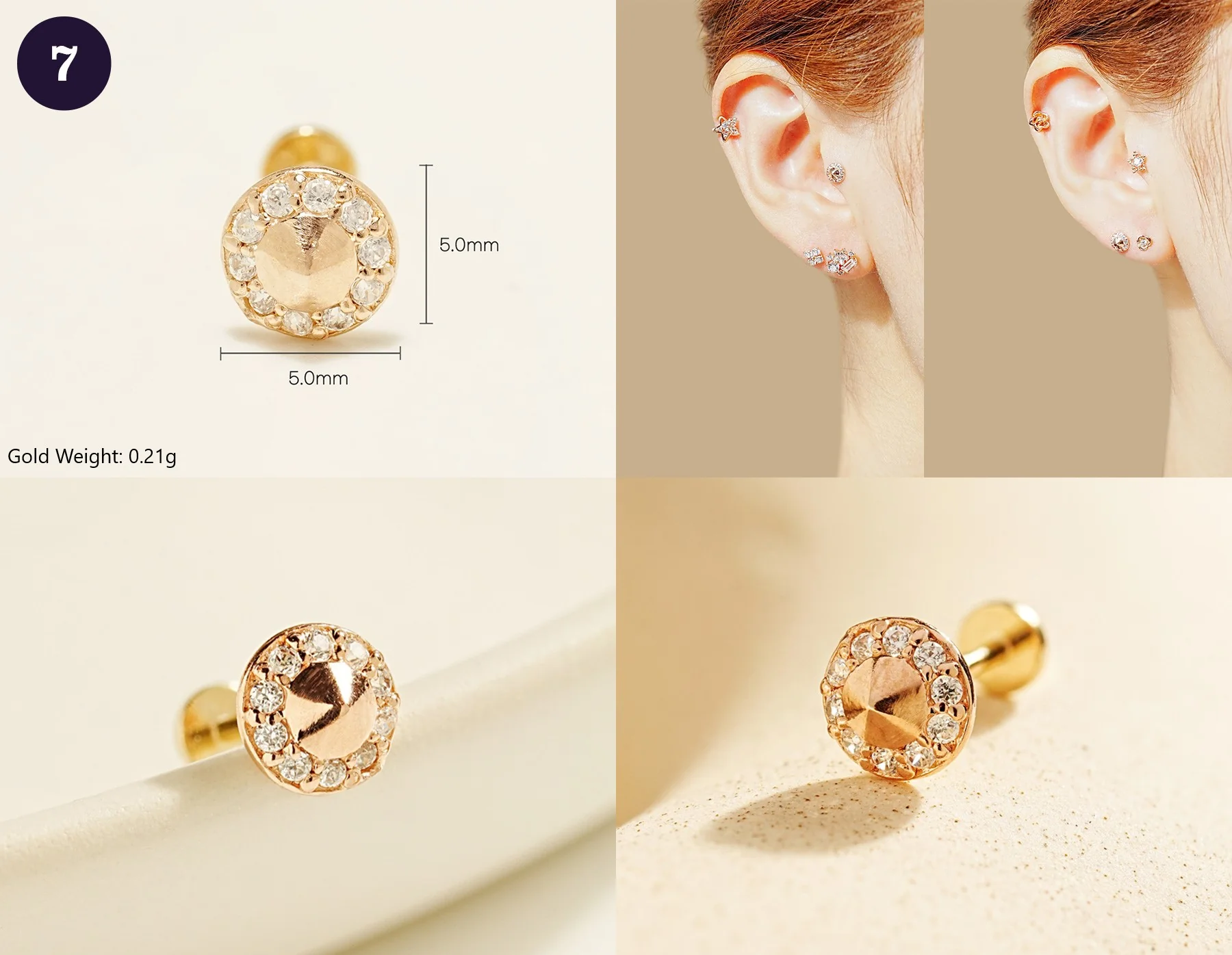 14K Gold Wishes Internally Threaded Labret Piercing 20G - Image 9