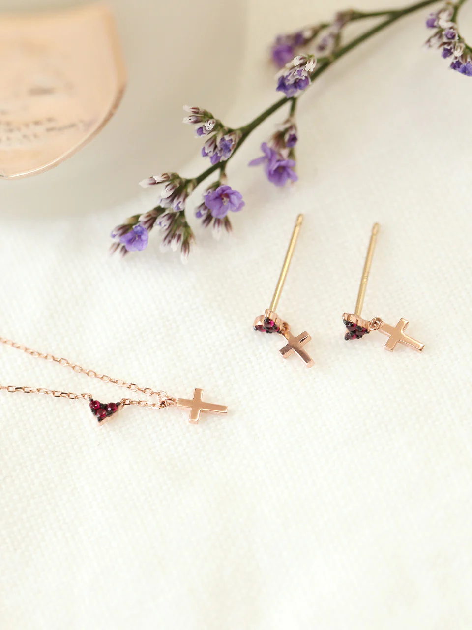 14K Gold Heart Cross Drop Earring - Image 6