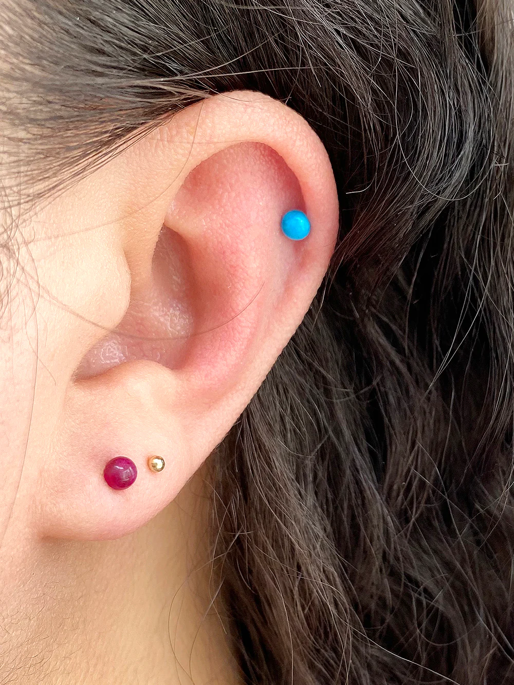 14K Gold Hemisphere Turquoise & Garnet Cartilage Earring 20G - Image 6