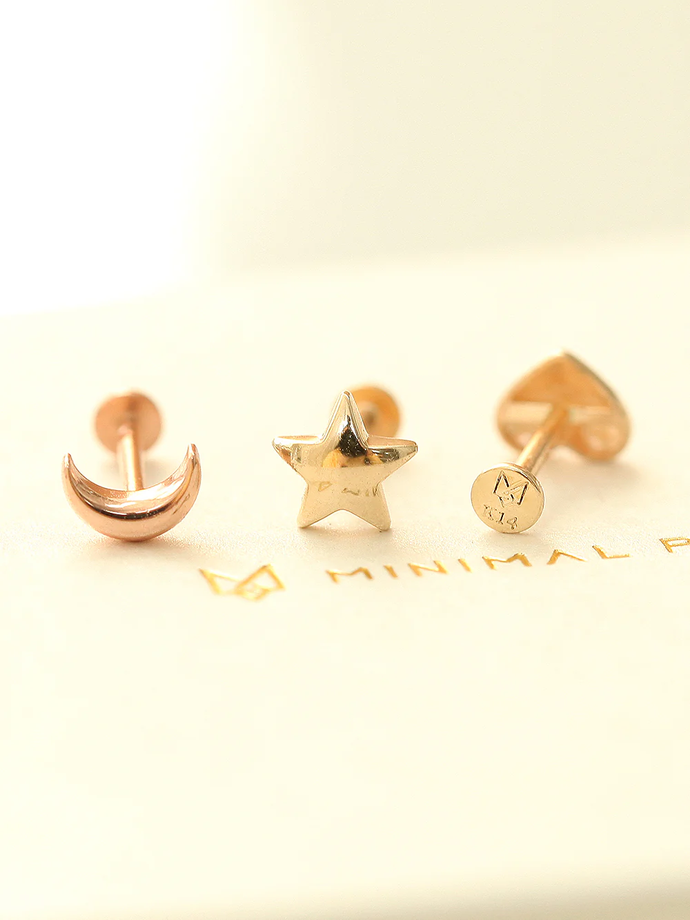 14K Gold Internally Threaded Volume Moon & Star Labret Piercing 18G16G - Image 3