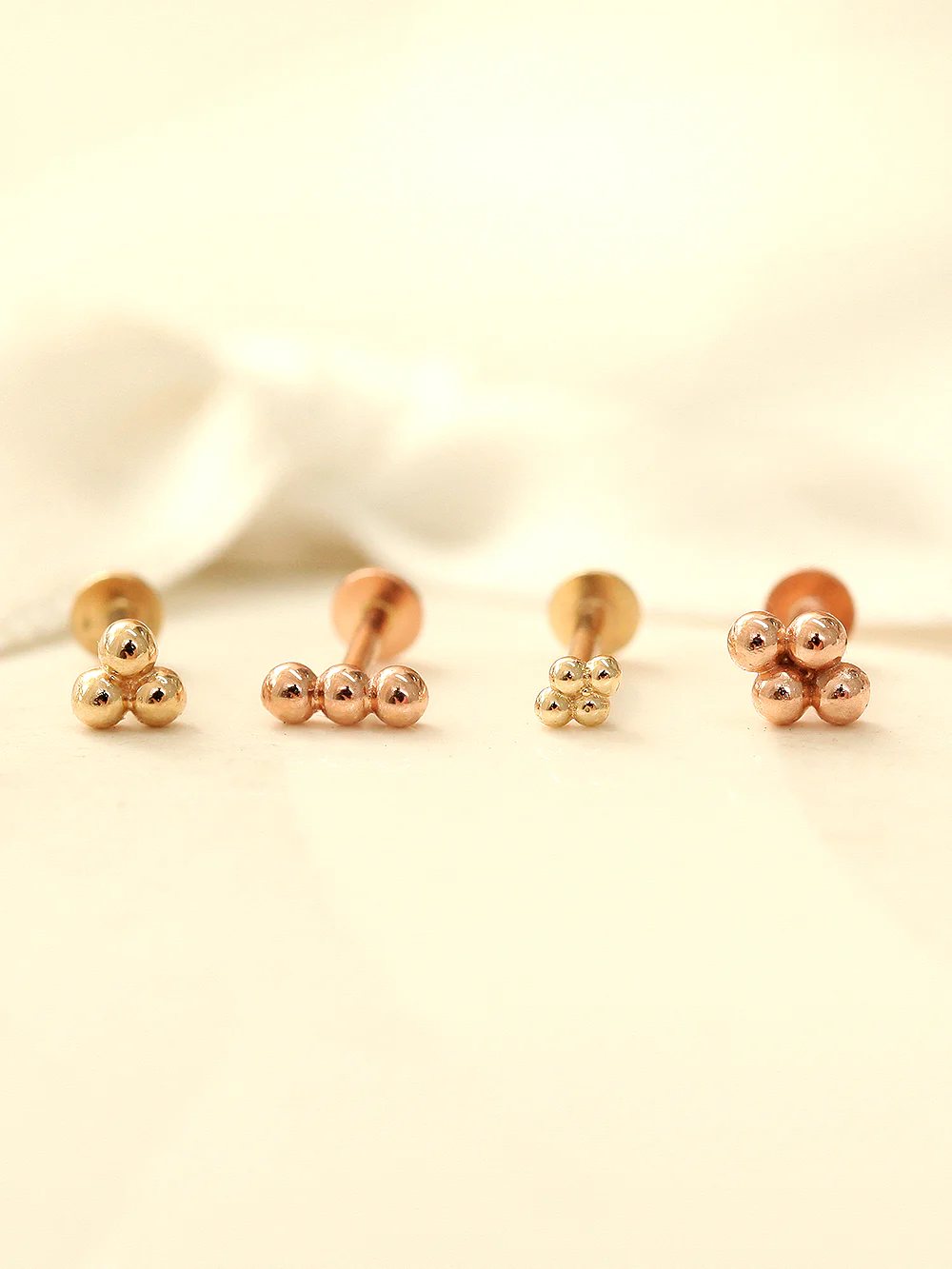 14K Gold Internally Threaded Triple Ball Tragus Labret Piercing 18g16g - Image 2