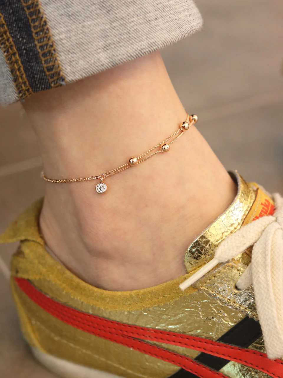 14K Gold Layered Ball Cubic Anklet - Image 6
