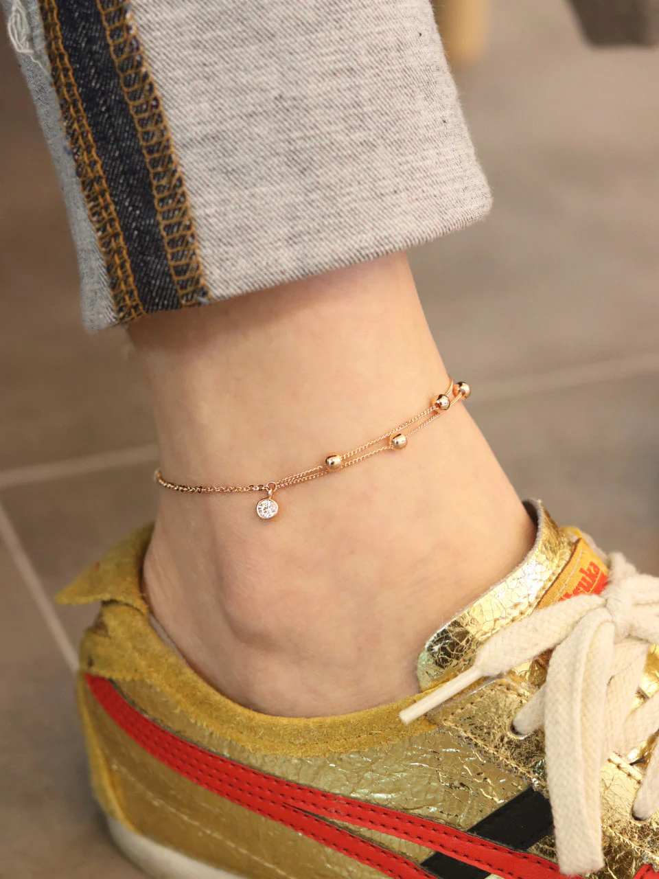 14K Gold Layered Ball Cubic Anklet - Image 7
