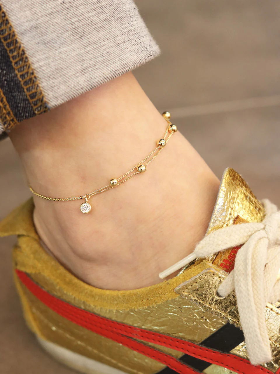 14K Gold Layered Ball Cubic Anklet - Image 8