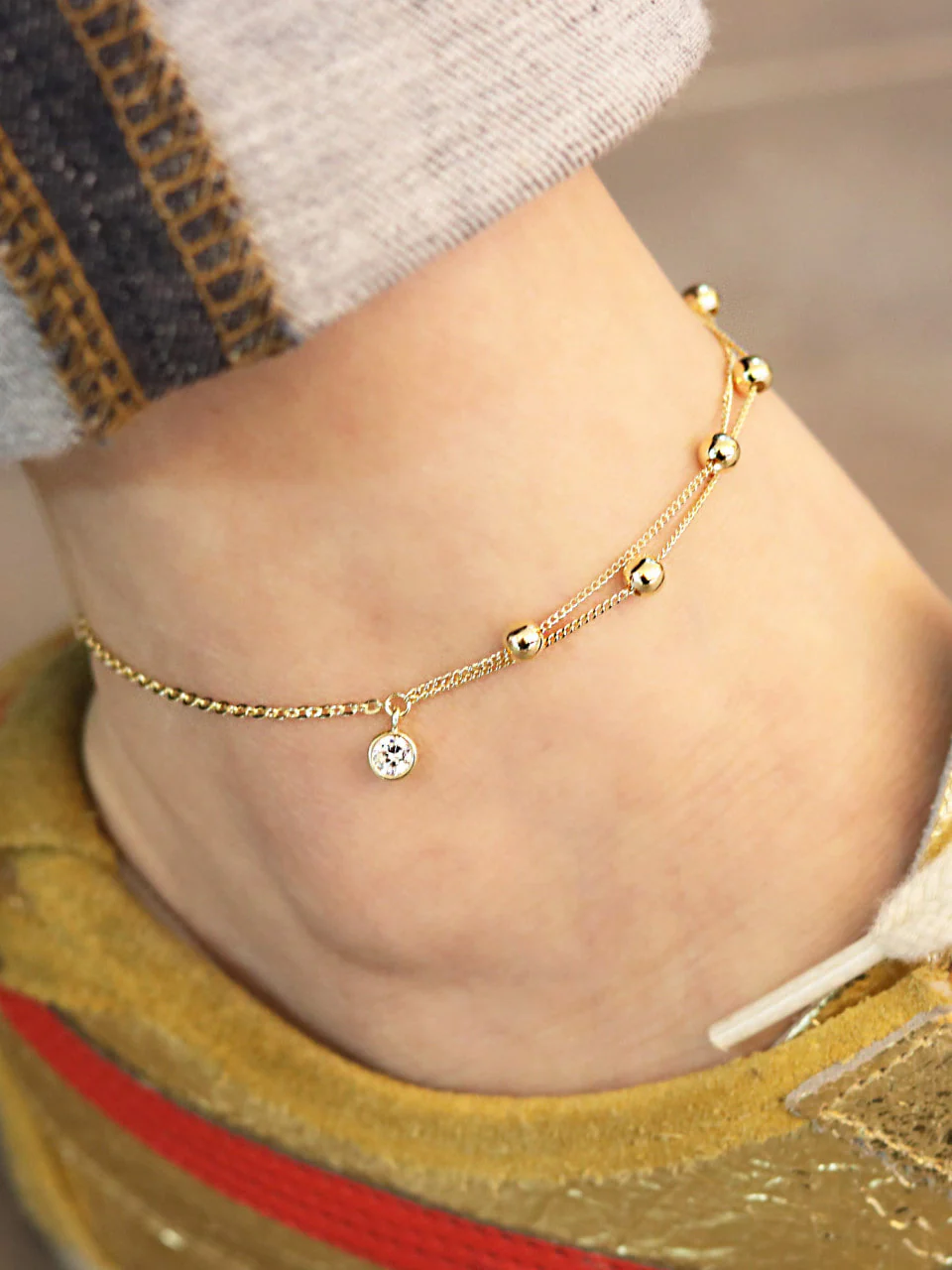 14K Gold Layered Ball Cubic Anklet - Image 9