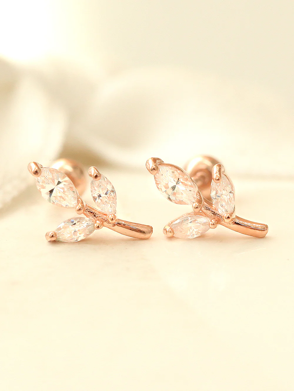 14K Gold Leaf Cubic Cartilage Earring 20G - Image 2