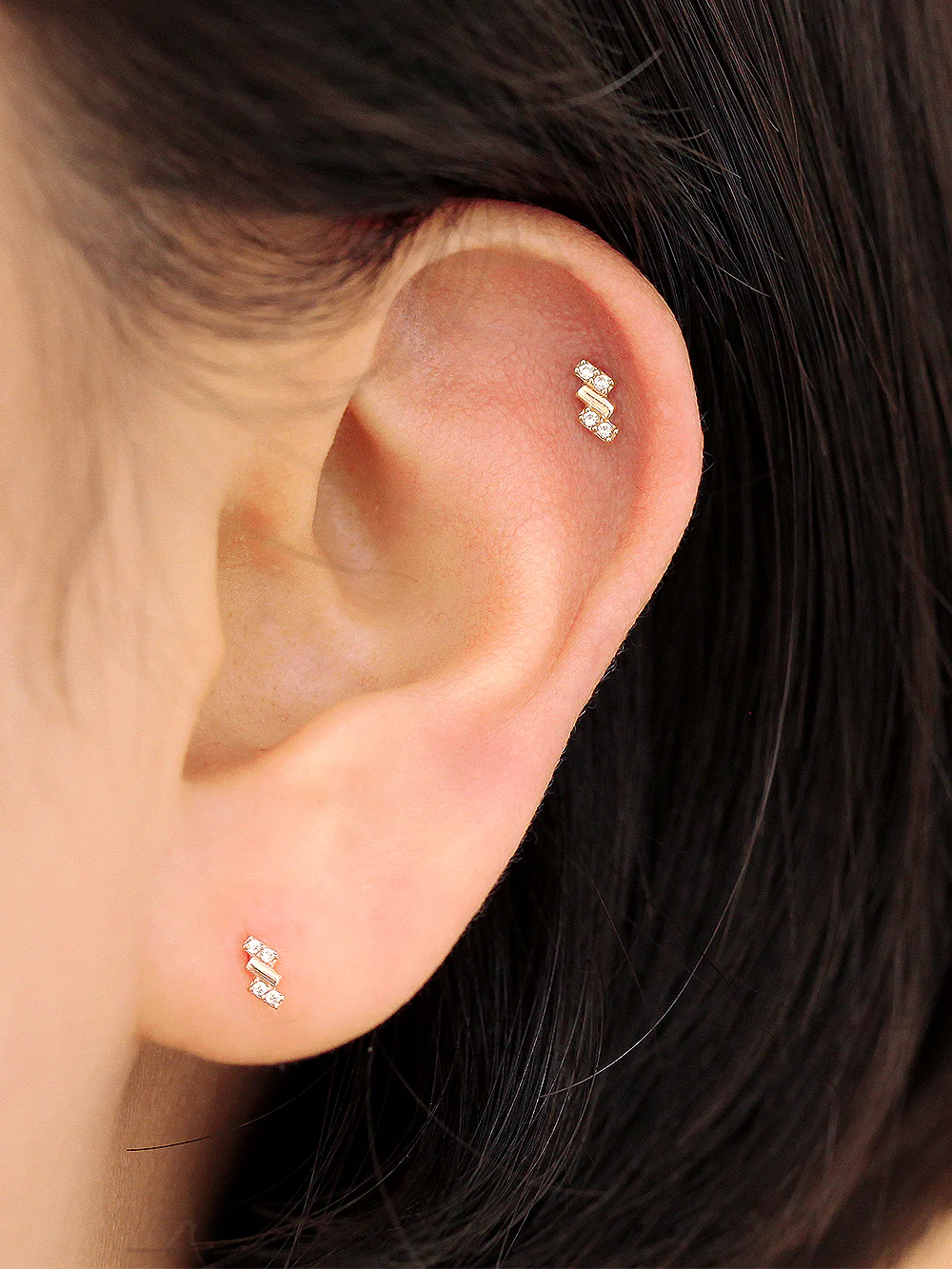 14K Gold Mini Baguette Cubic Cartilage Earring 20G - Image 2