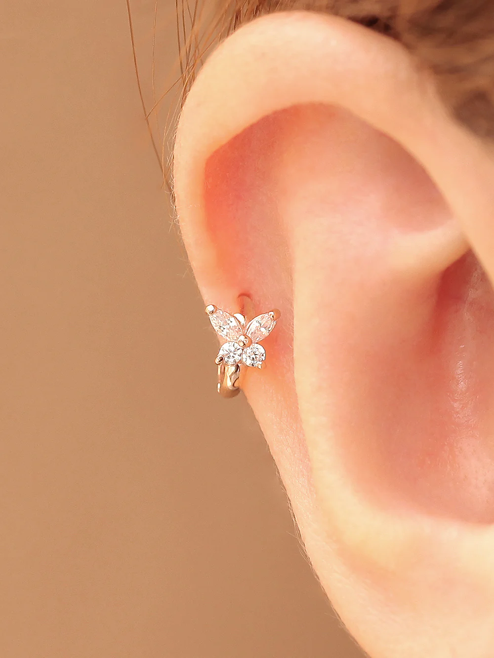 14K Gold Mini Cubic Butterfly Hoop Earring - Image 7