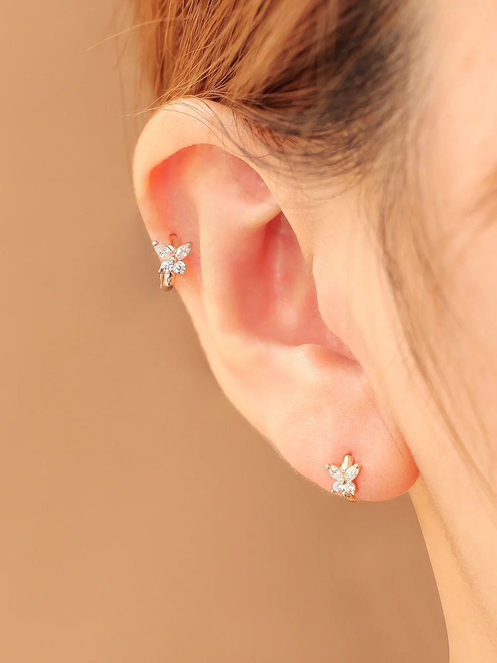 14K Gold Mini Cubic Butterfly Hoop Earring - Image 9