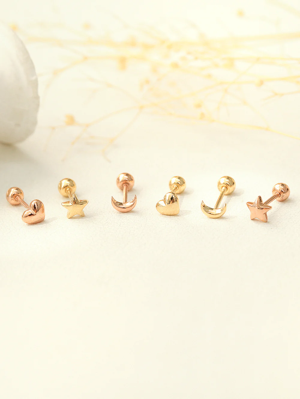 14K Gold Mini Volume Moon & Star & Heart Cartilage Earring 20G - Image 2