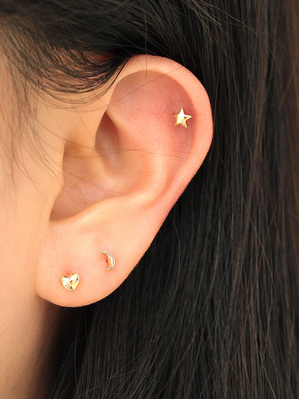14K Gold Mini Volume Moon & Star & Heart Cartilage Earring 20G - Image 5
