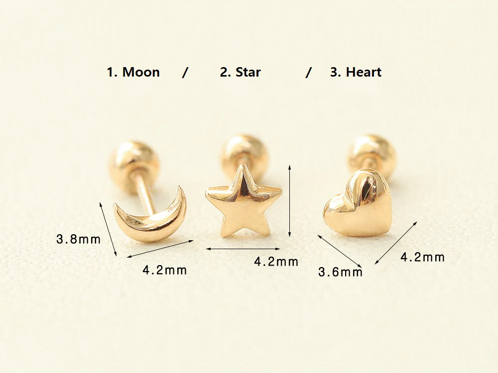 14K Gold Mini Volume Moon & Star & Heart Cartilage Earring 20G - Image 9