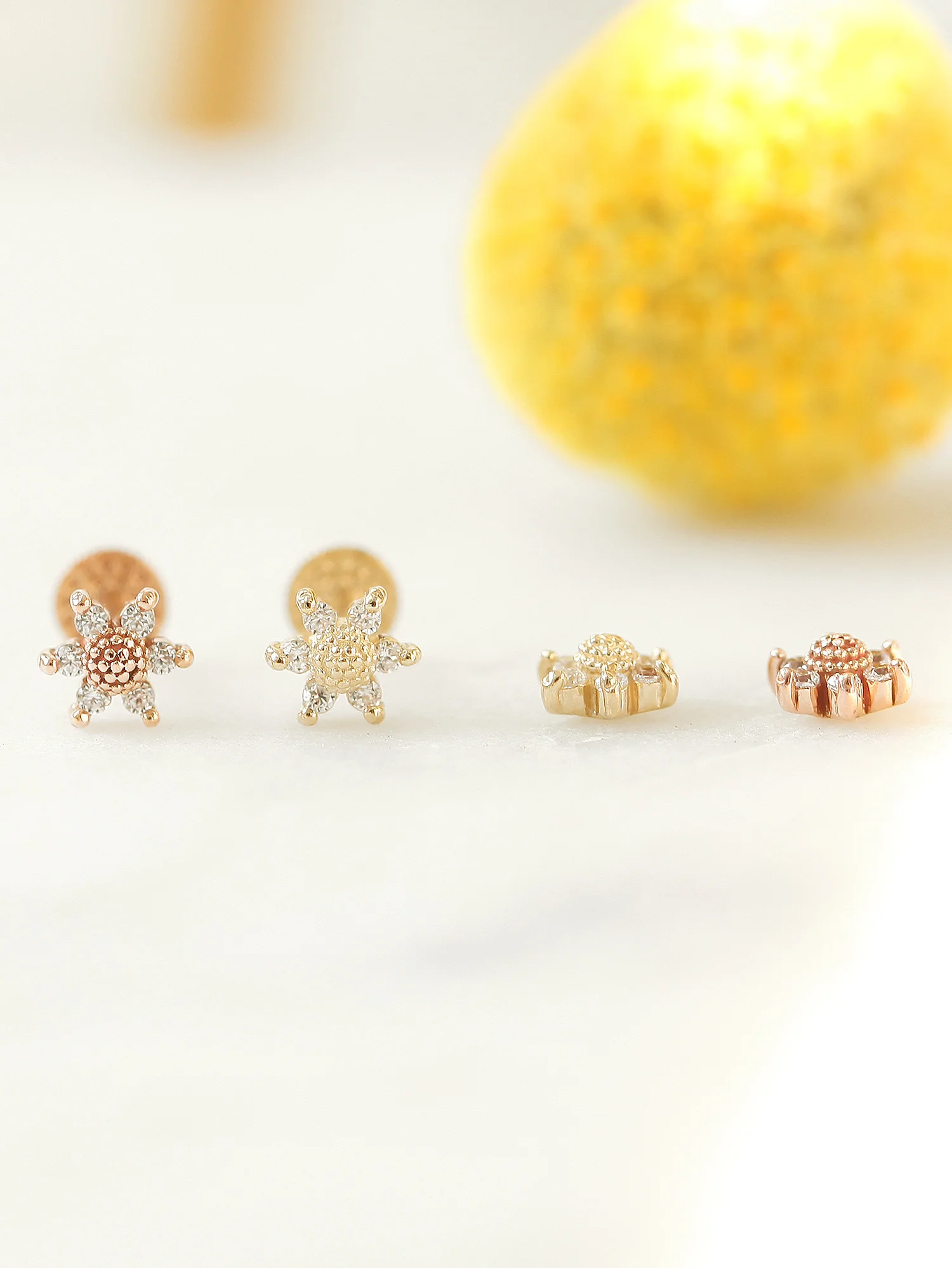 14K Gold Mini Flower Labret Piercing 18G16G - Image 2