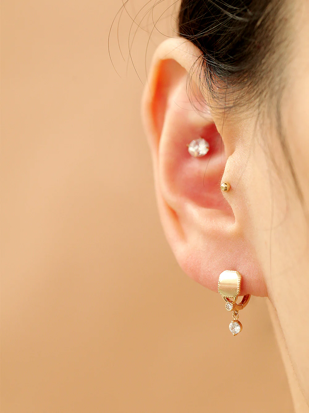 14K Gold Oval Square Cubic Hoop Earring - Image 10