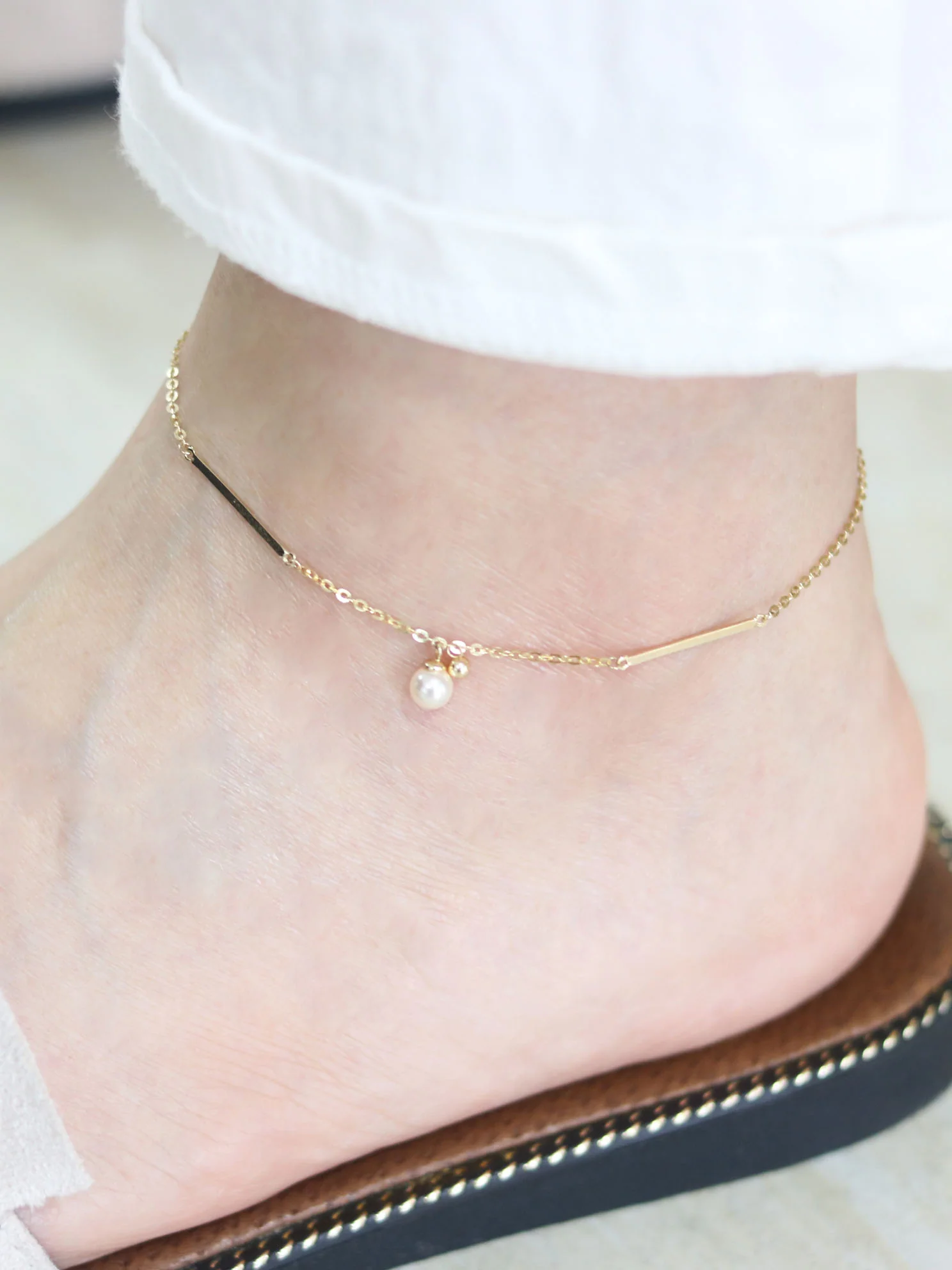 14K Gold Pearl & Ball Anklet - Image 5