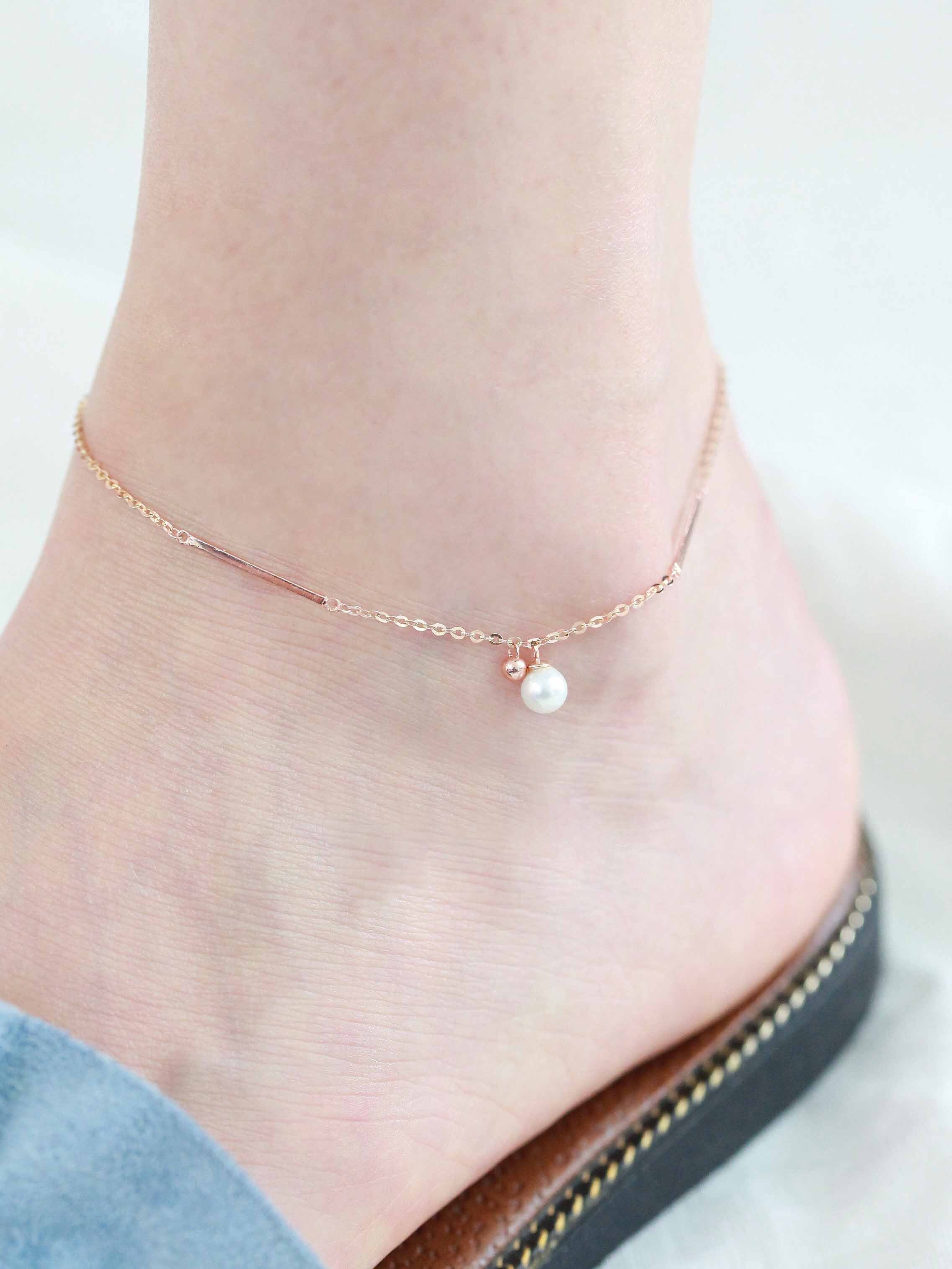 14K Gold Pearl & Ball Anklet - Image 9
