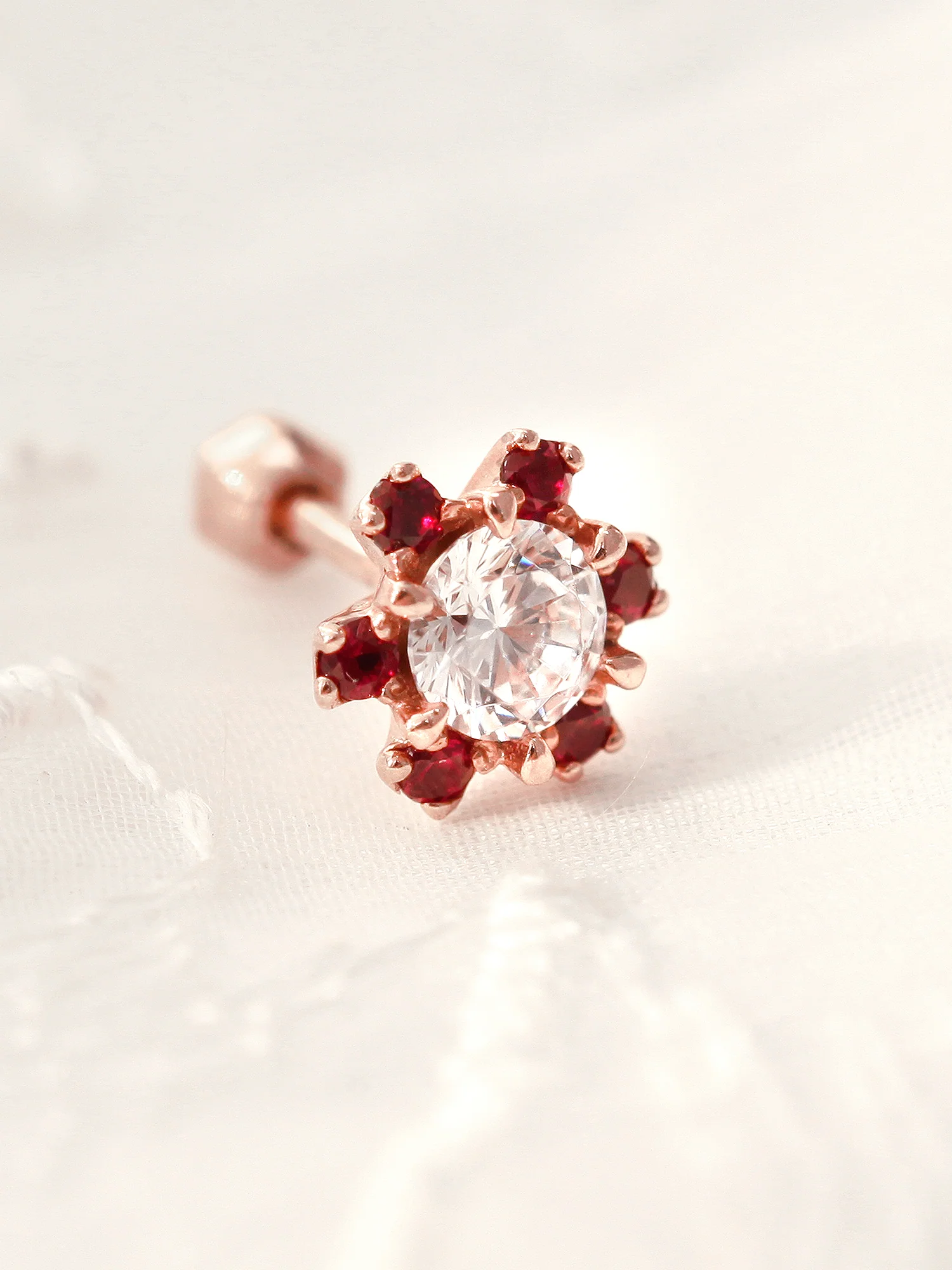 14K Gold Ruby Daisy Flower Cartilage Earring 18G16G - Image 4