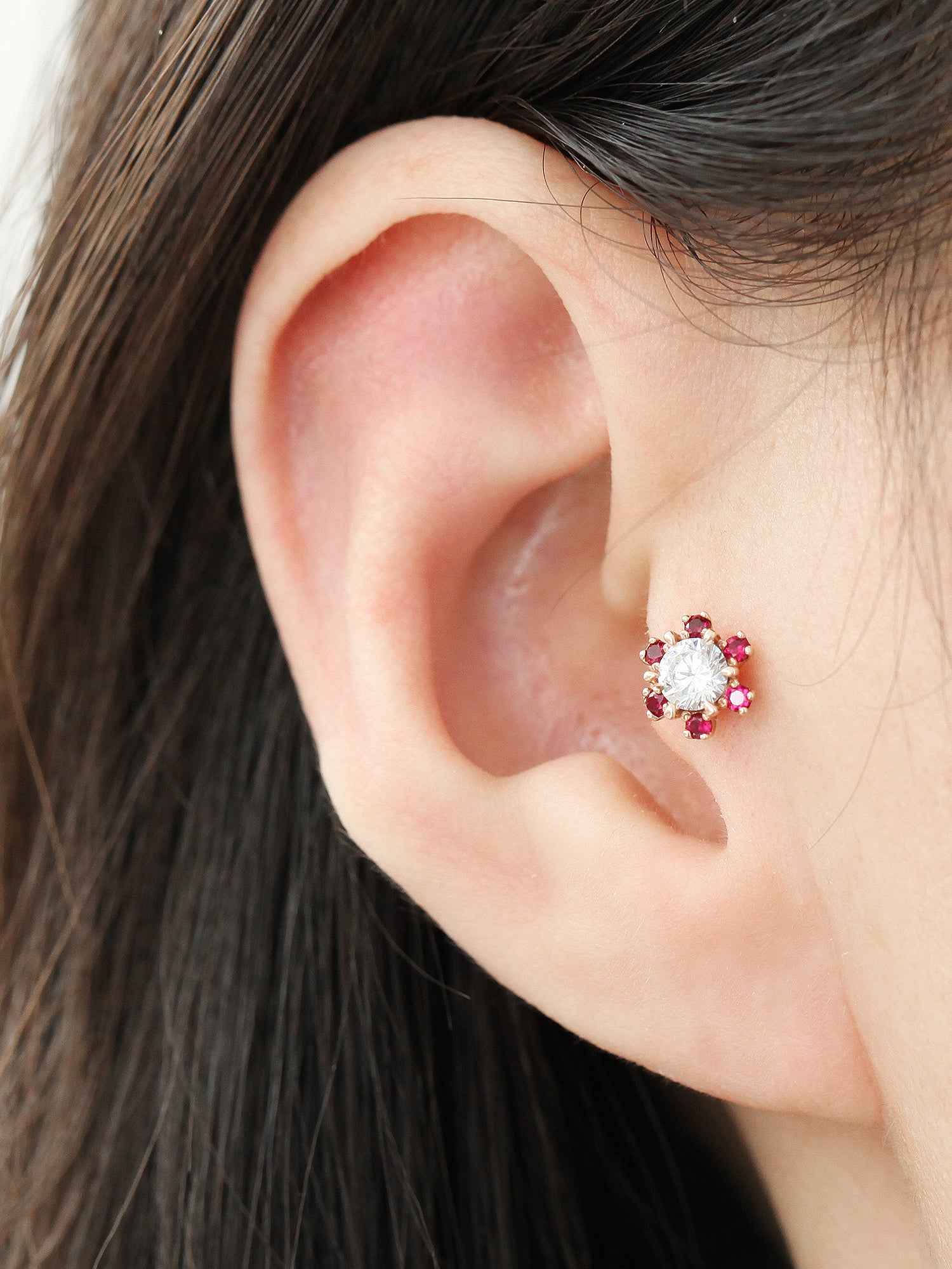 14K Gold Ruby Daisy Flower Cartilage Earring 18G16G - Image 6