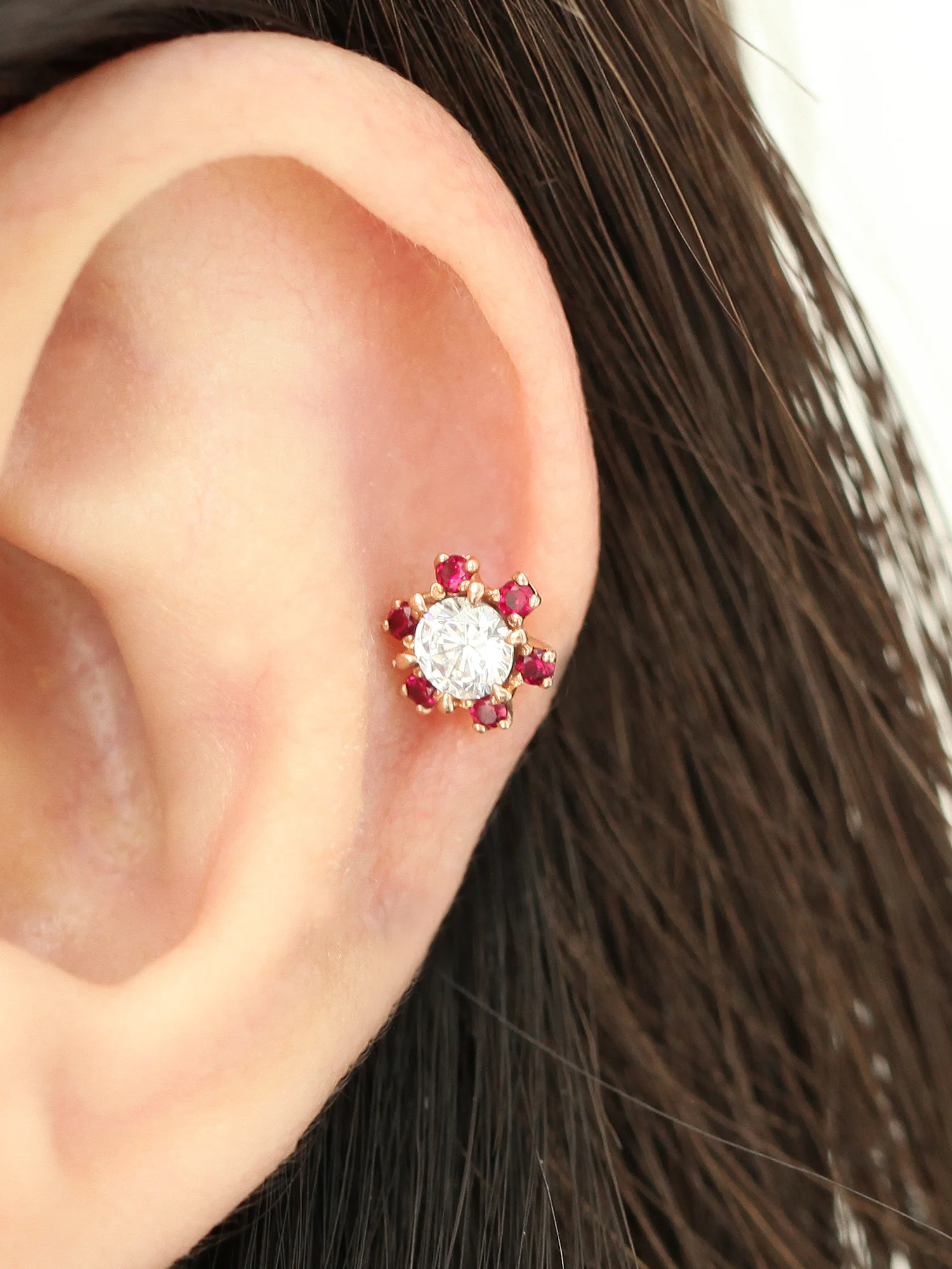 14K Gold Ruby Daisy Flower Cartilage Earring 18G16G - Image 8