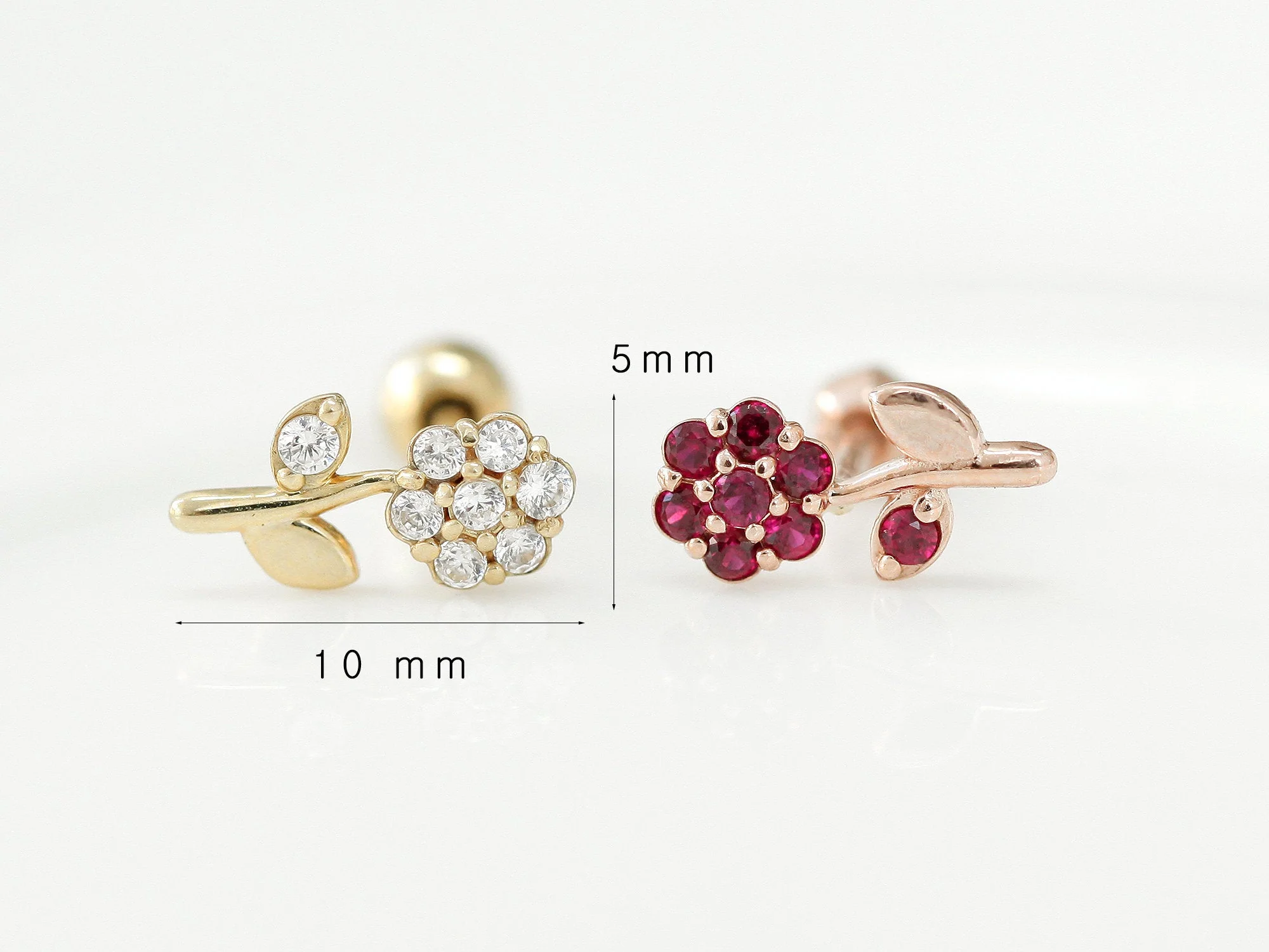 14K Gold Ruby Flower Cartilage Earring 18G16G - Image 11