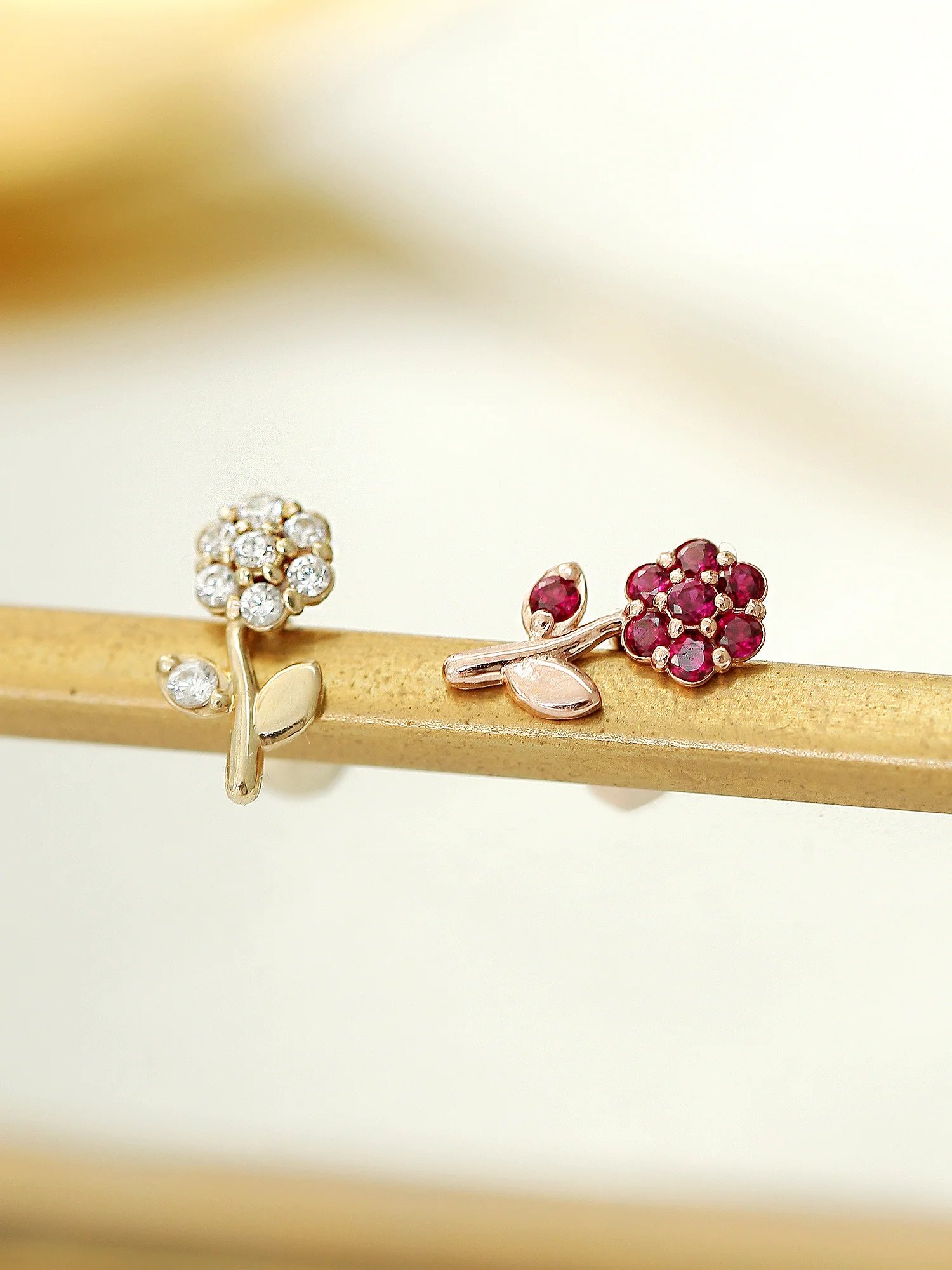 14K Gold Ruby Flower Cartilage Earring 18G16G - Image 3