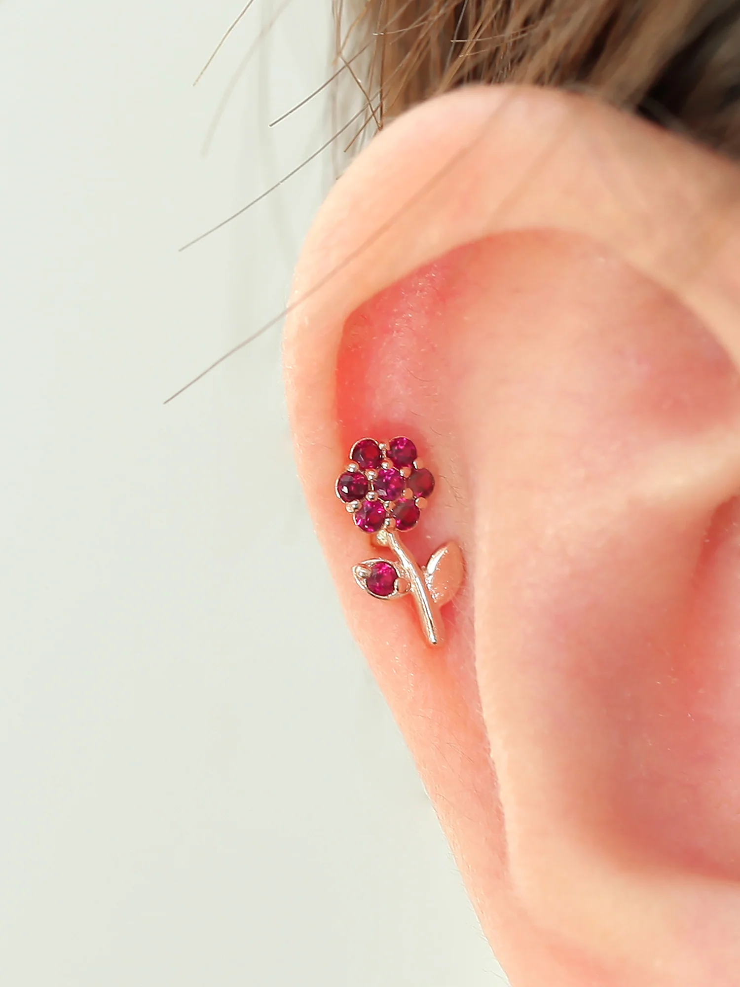 14K Gold Ruby Flower Cartilage Earring 18G16G - Image 7