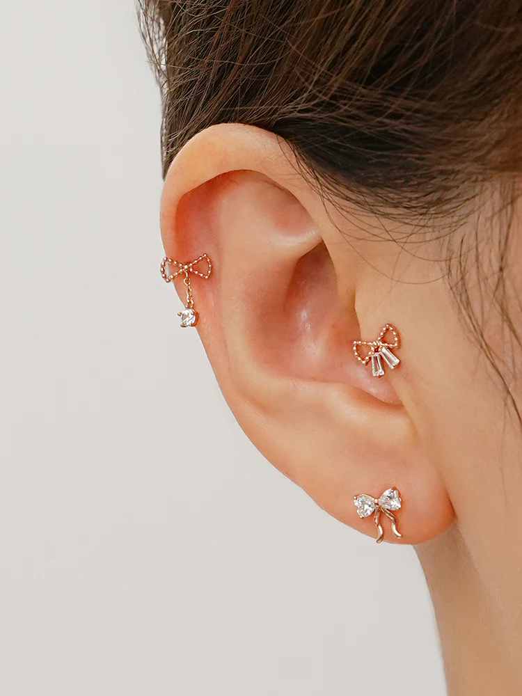 14K Solid Gold Balletcore Cubic Ribbon Cartilage Earring 20G - Image 2