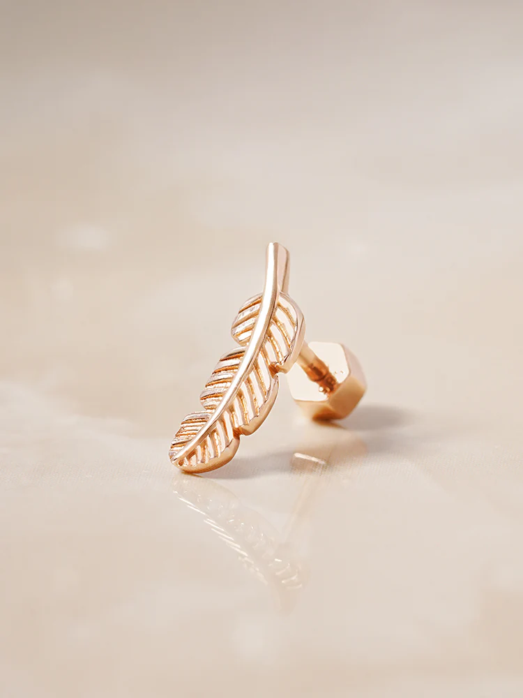 14K Solid Gold Golden Feather Cartilage Earring 18G - Image 11
