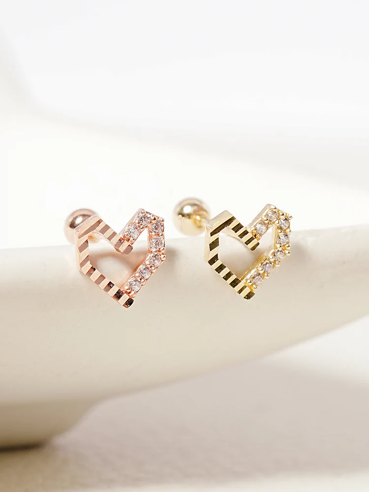 14K Solid Gold Half-and-Half Heart Cubic Cartilage Earring 20G - Image 3