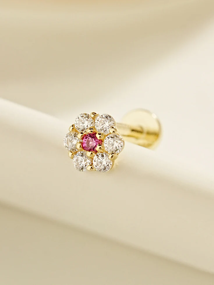 14K Solid Gold Harmony Flower Internally Threaded Labret Piercing 20G