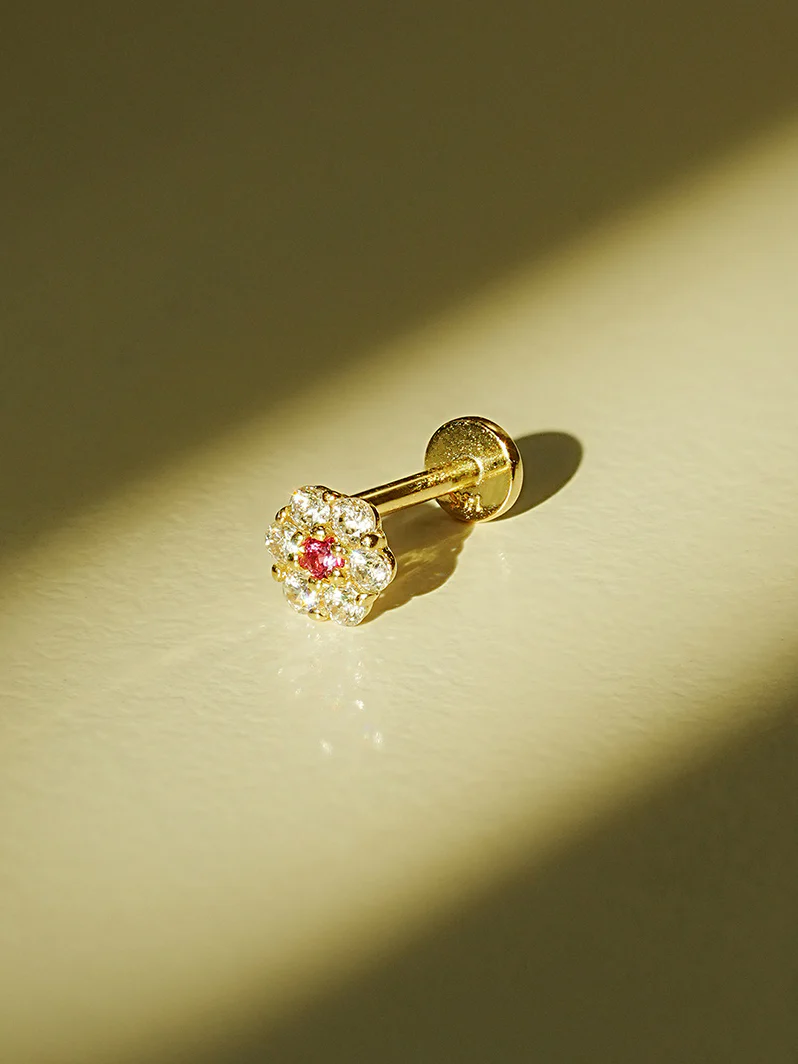 14K Solid Gold Harmony Flower Internally Threaded Labret Piercing 20G - Image 3