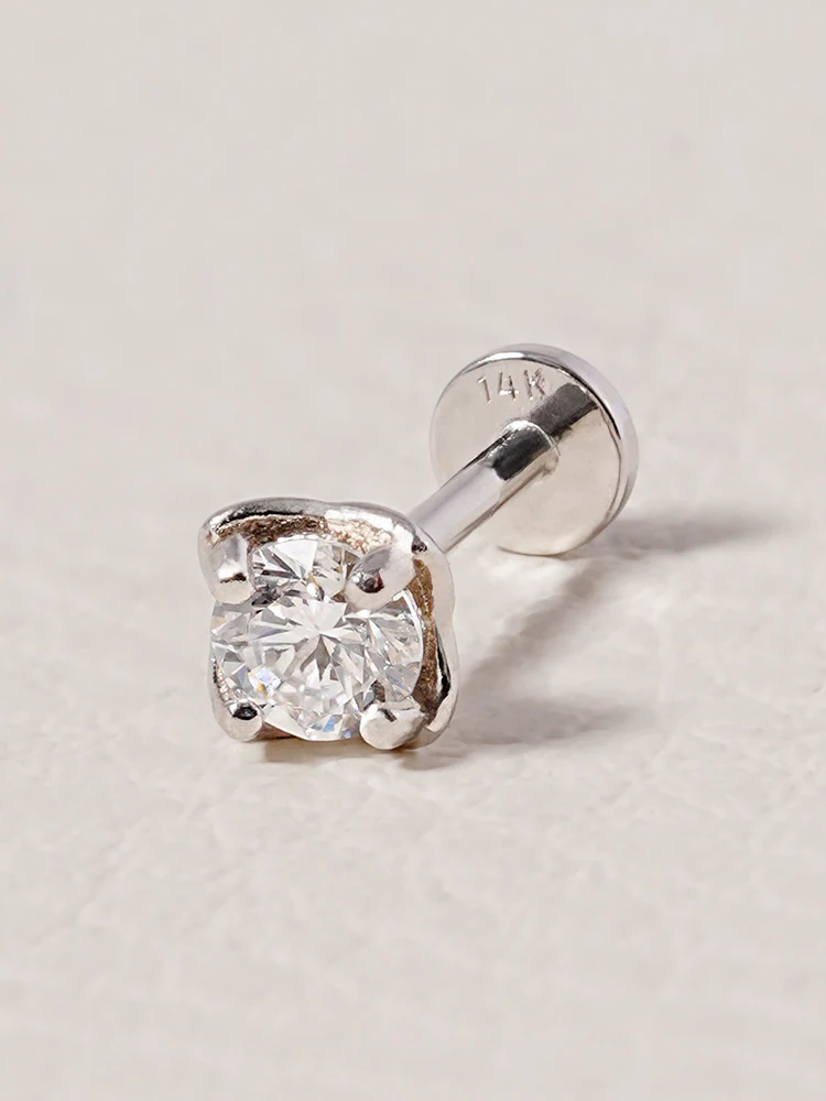 14K Solid Gold Lab Diamond Classic Square Internally Threaded Labret Piercing 20G