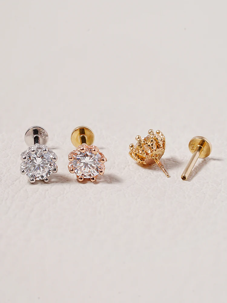14K Solid Gold Lab Diamond Queen's Bloom Internally Threaded Labret Piercing 20G - Image 10