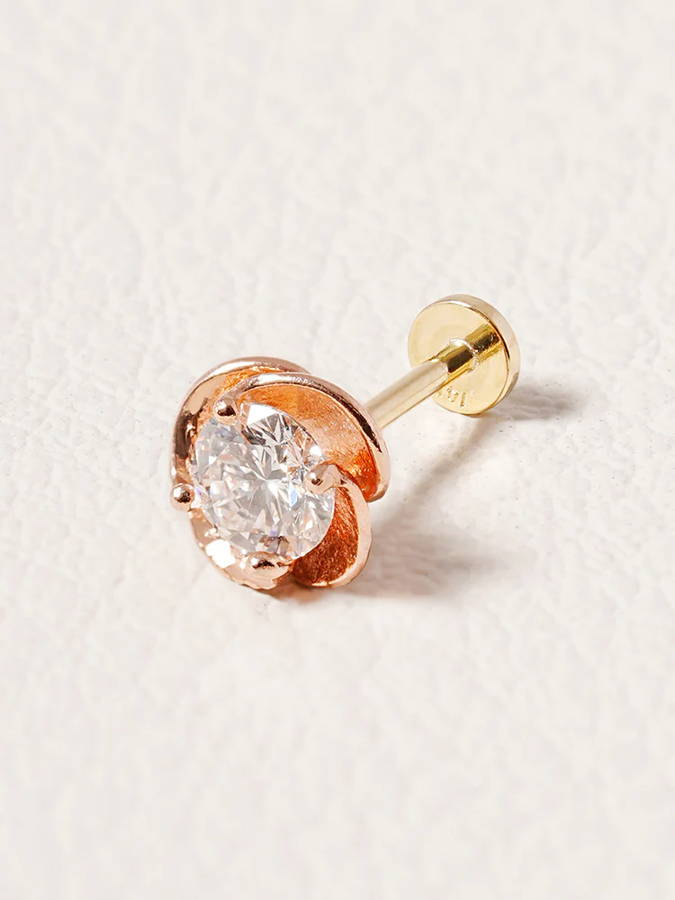14K Solid Gold Lab Diamond Rose Internally Threaded Labret Piercing 20G - Image 4