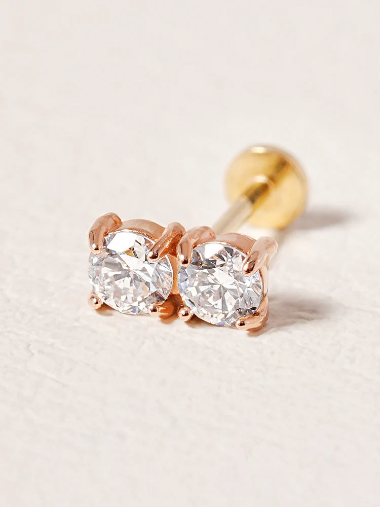 14K Solid Gold Lab Diamond Twin Stud Internally Threaded Labret Piercing 20G - Image 4