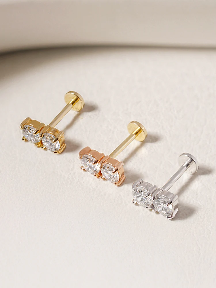 14K Solid Gold Lab Diamond Twin Stud Internally Threaded Labret Piercing 20G - Image 7