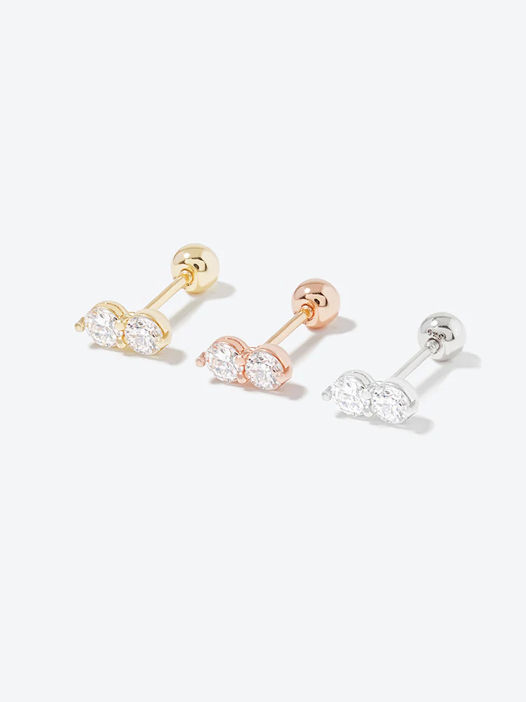 14K Solid Gold Lab Diamond Two Stone Two Way Cartilage Earring 20G18G16G - Image 24