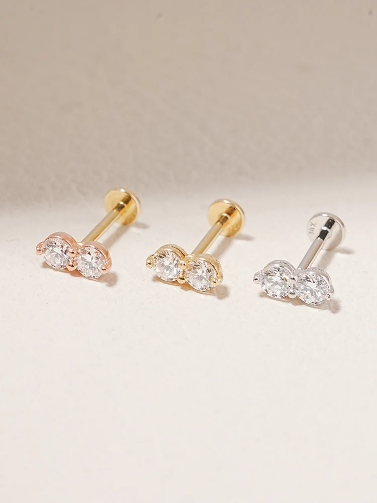 14K Solid Gold Lab Diamond Two Stone Two Way Internally Threaded Labret Piercing 20G - Image 11