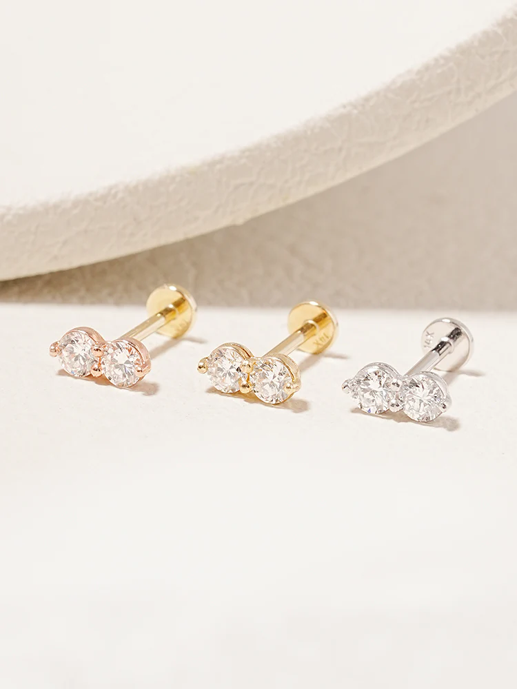 14K Solid Gold Lab Diamond Two Stone Two Way Internally Threaded Labret Piercing 20G - Image 13