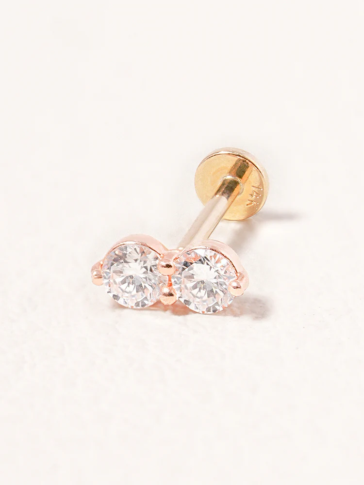 14K Solid Gold Lab Diamond Two Stone Two Way Internally Threaded Labret Piercing 20G - Image 15