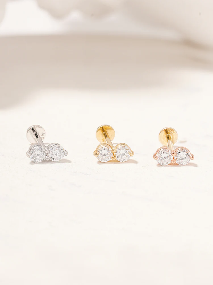 14K Solid Gold Lab Diamond Two Stone Two Way Internally Threaded Labret Piercing 20G - Image 21