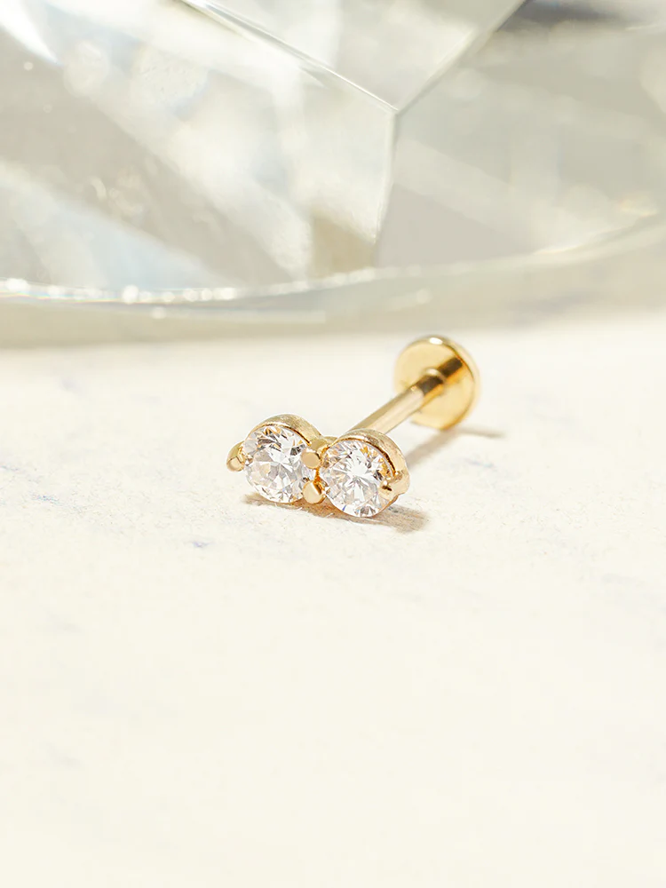 14K Solid Gold Lab Diamond Two Stone Two Way Internally Threaded Labret Piercing 20G - Image 22