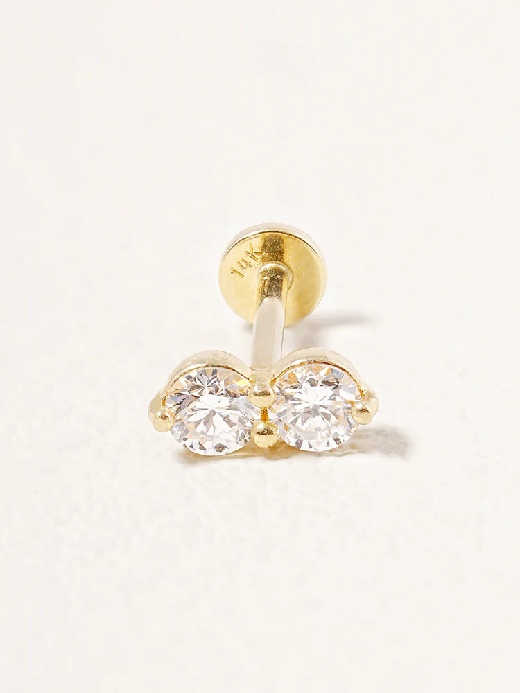 14K Solid Gold Lab Diamond Two Stone Two Way Internally Threaded Labret Piercing 20G - Image 23