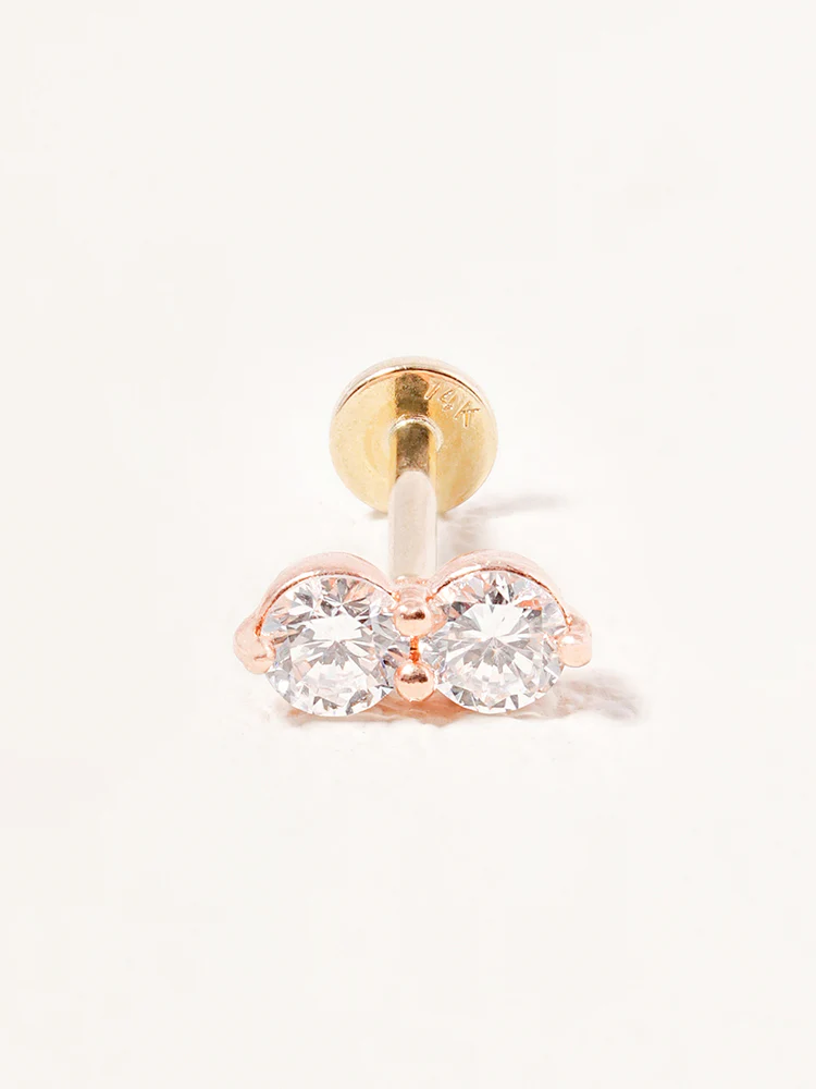 14K Solid Gold Lab Diamond Two Stone Two Way Internally Threaded Labret Piercing 20G - Image 25
