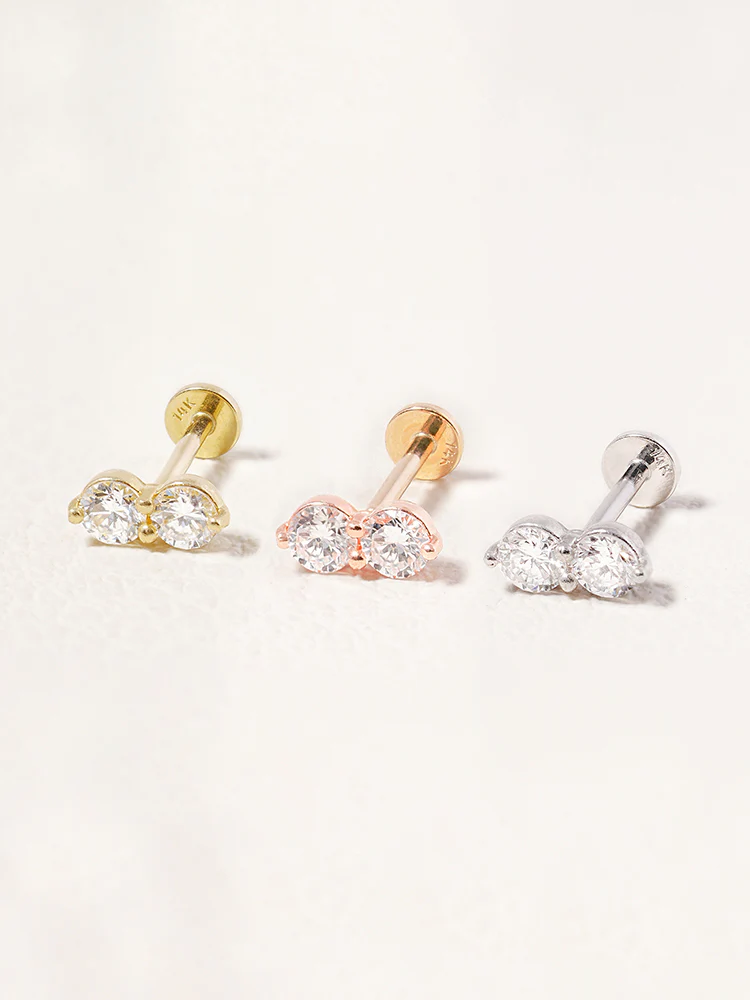 14K Solid Gold Lab Diamond Two Stone Two Way Internally Threaded Labret Piercing 20G - Image 27